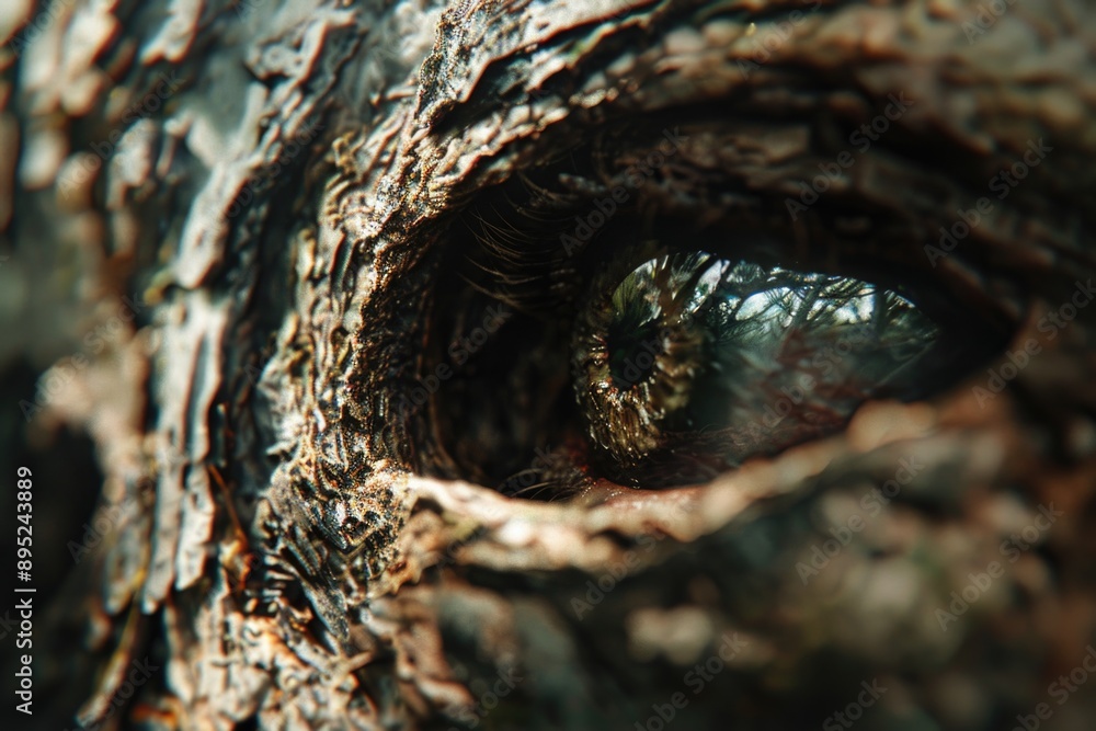 Poster A close-up view of a tree trunk with a larger tree in the background