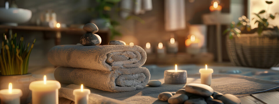 spa background setting with candles, neatly folded towels and stones for massage therapy, wellness spa background towel relax aromatherapy 