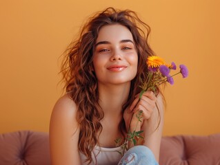 A happy woman with wavy hair sits, smiling and smelling flowers from a potted plant against a warm, orange background.