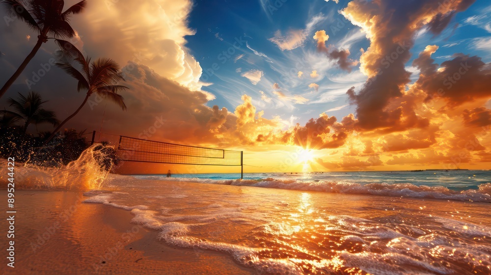 Fototapete a volleyball net is set up on a beach with a beautiful sunset in the background. the sky is filled w