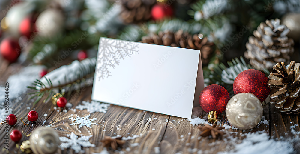 Poster a white card with a snowflake on it sits on a wooden table with red