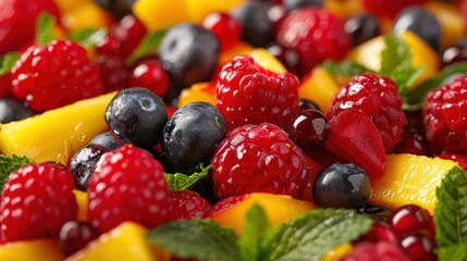 A fruit salad with blueberries, raspberries, and mango. The salad is colorful and fresh