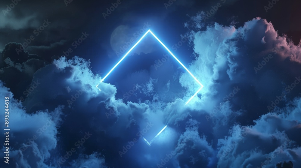 Poster an abstract futuristic background with neon geometric shapes and storm clouds on the night sky. imag