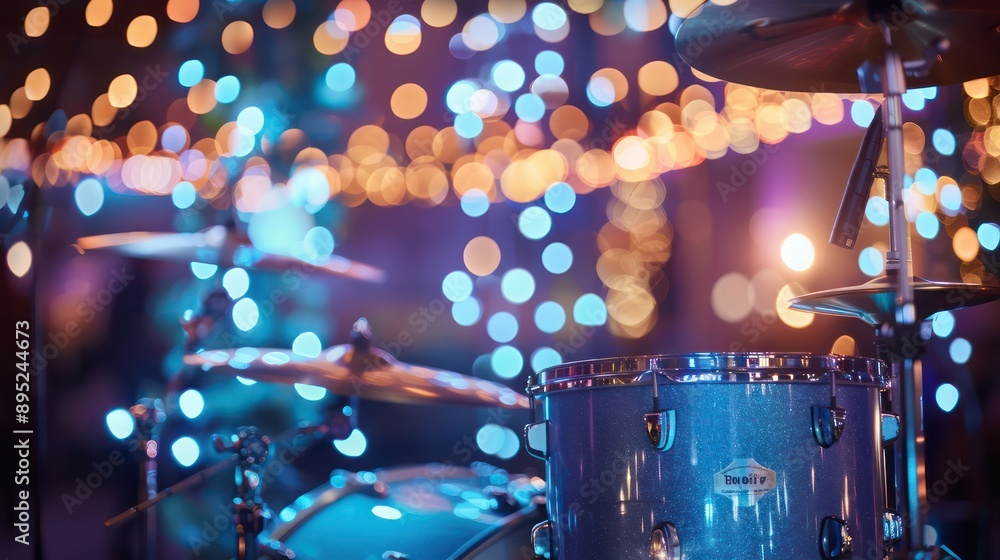 Aufkleber A blue drum set with a shiny finish sits in front of a backdrop of lights. The drum set is the main focus of the image, and the lights in the background create a sense of depth and atmosphere