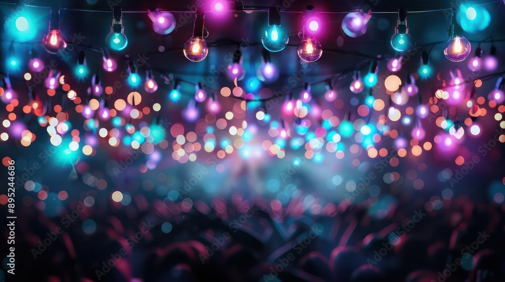 Poster A colorful light display with many lights hanging from the ceiling. The lights are in different colors and are arranged in a way that creates a festive atmosphere