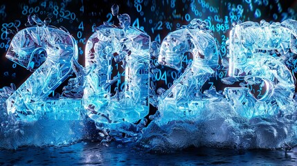 Fototapeta premium Ice Sculpture of 2025 Against a Dark Background With Blue Numbers