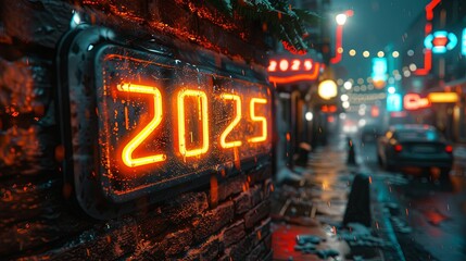Fototapeta premium Futuristic Cityscape With Illuminated 2025 Sign on Brick Wall