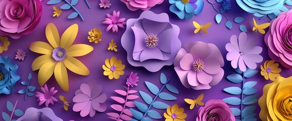 The background has an abstract wide panoramic floral rendering. The wallpaper has a colorful paper flower background.