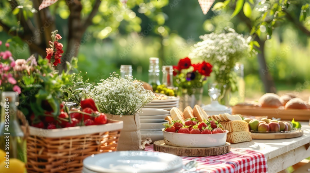 Poster a table is set with a variety of food and drinks, including a bowl of strawberries and a plate of fr