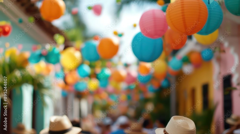Aufkleber a colorful scene of people wearing hats and colorful lanterns hanging overhead. scene is lively and 