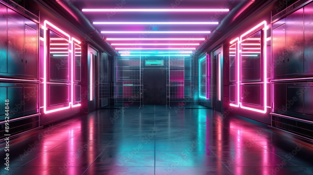 Aufkleber a neon-lit room with a dark color scheme. the walls are lined with neon lights, creating a futuristi