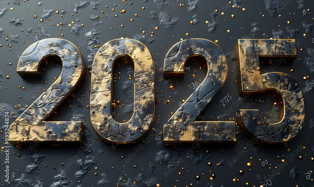 Poster a large number of gold and black letters that spell out the number twenty-five