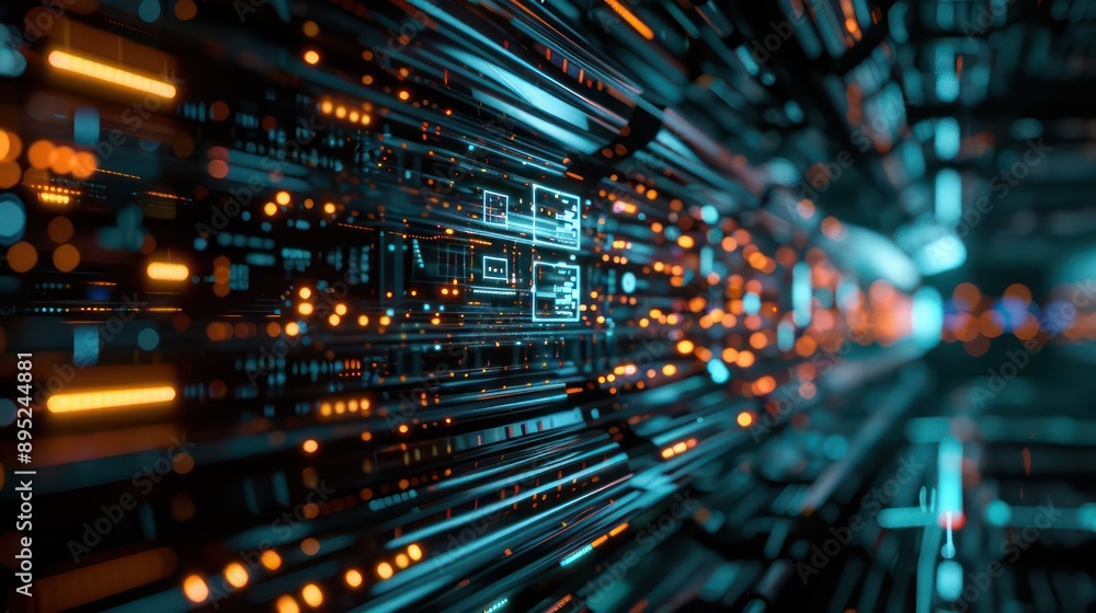 Poster A computer network with many wires and lights. The lights are orange and blue. Concept of technology and complexity