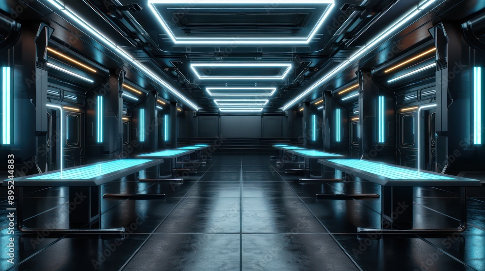 Poster a futuristic room with neon lights and tables. the room is empty and has a futuristic feel to it