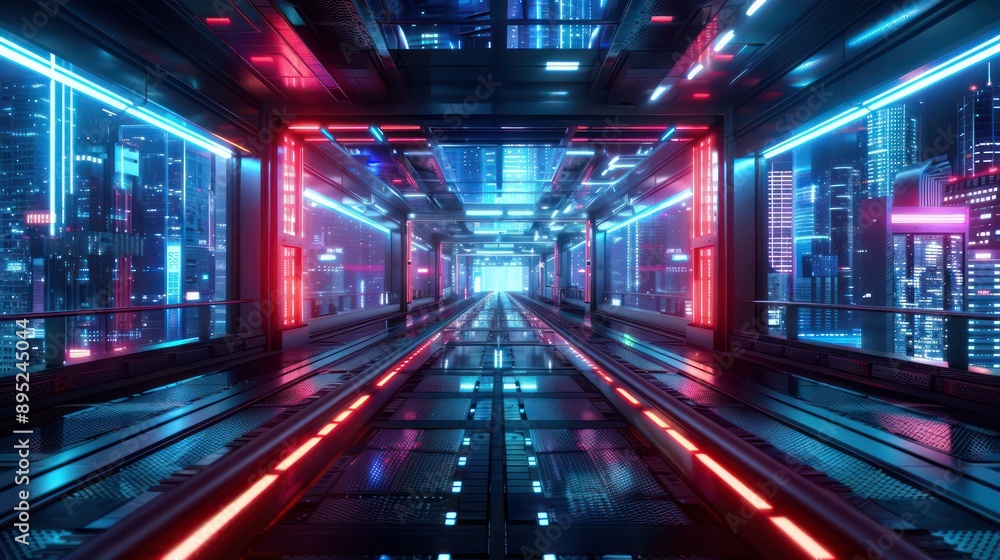 Aufkleber a futuristic cityscape with neon lights and a long, empty tunnel. the tunnel is lit up with red and 