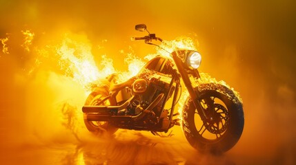 Fototapeta premium motorcycle on fire in bright yellow background