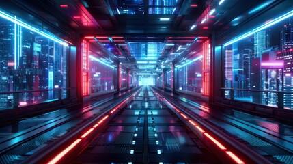 A futuristic cityscape with neon lights and a long, empty tunnel. The tunnel is lit up with red and blue lights, giving it a futuristic and industrial feel. The cityscape is filled with tall buildings