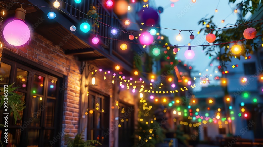 Poster A colorful display of lights hangs above a brick building. The lights are arranged in a way that creates a festive atmosphere