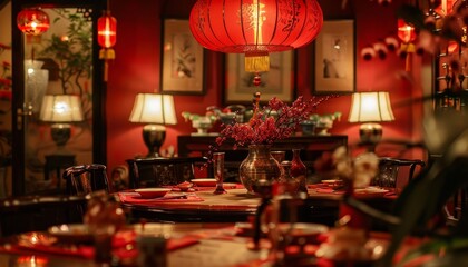 Traditional chinese lunar new year decorations in a beautifully adorned dining room photograph