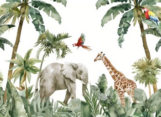African safari wild creatures in watercolor. Elephant, giraffe, monkeys, parrots, palm trees, flowers. Designed for nursery wallpaper.