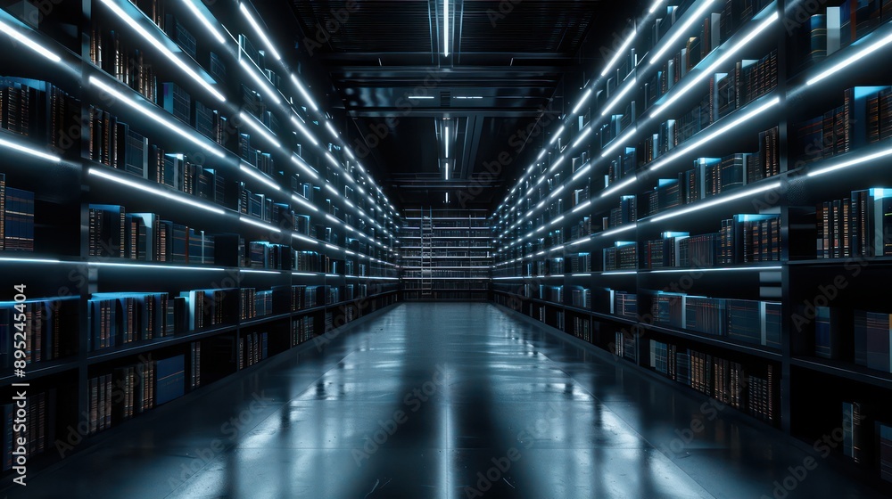 Poster a large, empty library with shelves of books. the shelves are lit up with blue lights, creating a fu