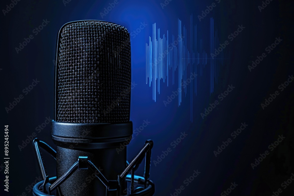 Poster a close-up of a microphone emitting a sound wave