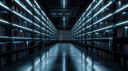 A large, empty library with shelves of books. The shelves are lit up with blue lights, creating a futuristic and industrial atmosphere