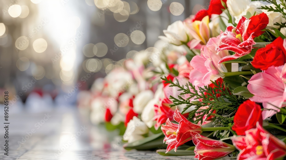 Poster a bouquet of flowers with red and white flowers. the flowers are arranged in a row and are placed on