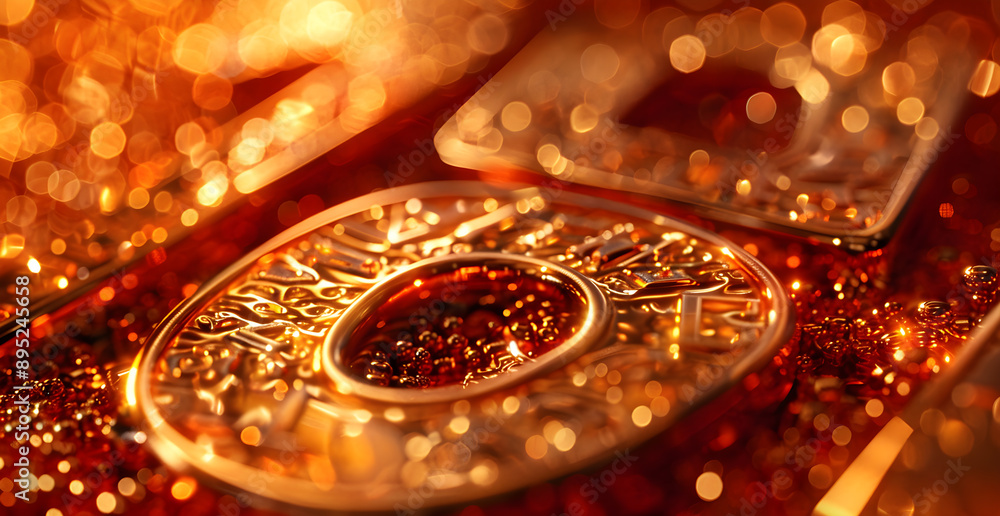 Poster a close up of a gold and red object with a large letter o on it