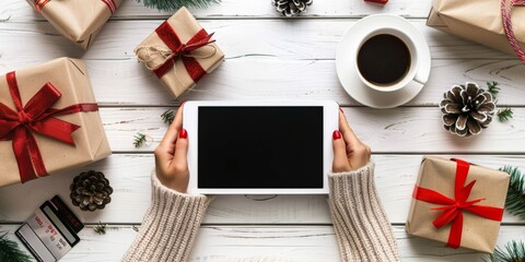 Savor a delightful holiday shopping experience from the comfort of your chair with a tablet and a warm cup of coffee, exploring gifts and decorations in a festive and cozy setting