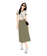 Vector illustration of a girl in a light t-shirt, a green skirt and white shoes. Accessorized with black glasses and a shoulder bag.