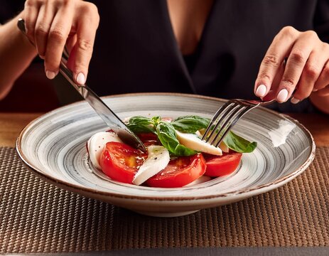 Manos de mujer comiendo ensalada capresse