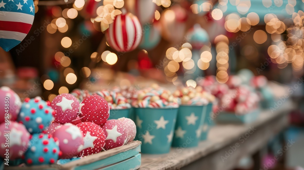 Poster a table full of colorful candy balls and star shaped containers. the candy balls are in various colo