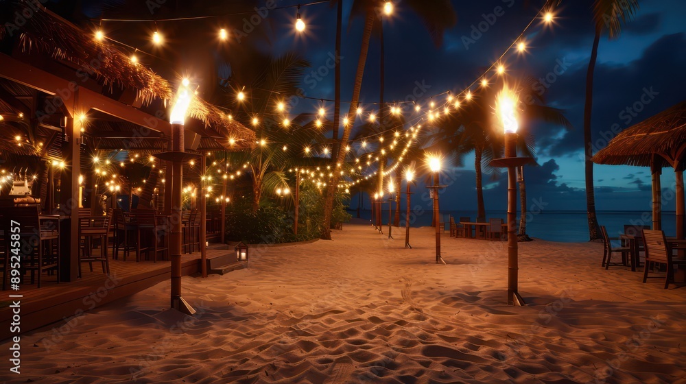 Aufkleber a beach with lights and fire on the sand. the beach is empty and the lights and fire create a warm a