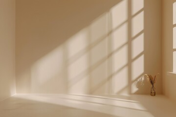 Background for product presentation with abstract, gentle light beige colors and intricate shadows from the window and vegetation.