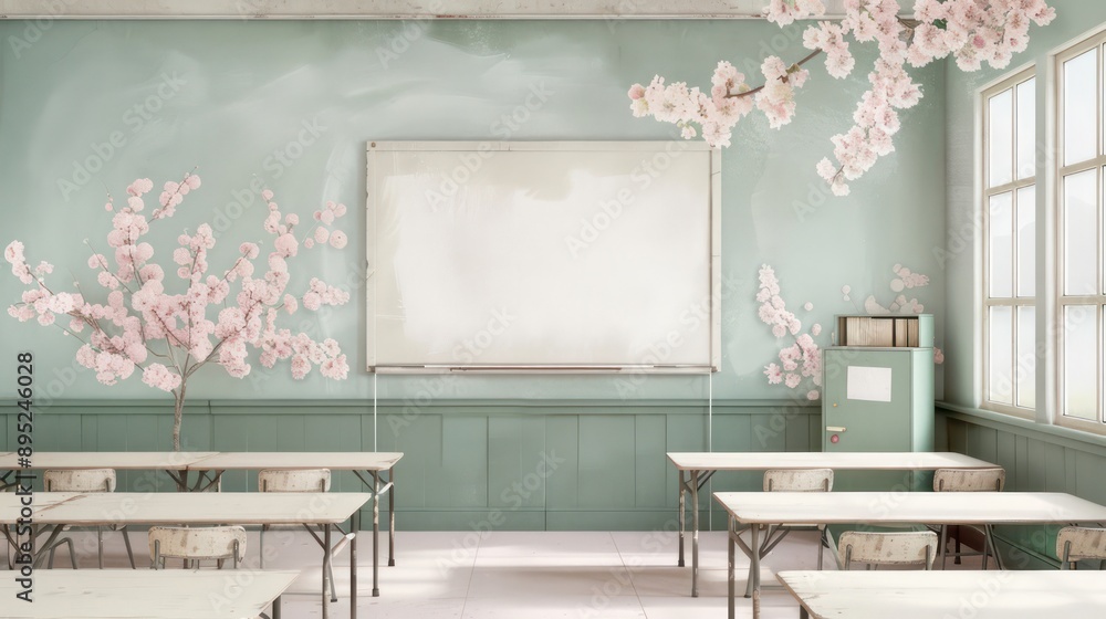 Poster a classroom with a white board and a pink tree mural on the wall. the room is empty and has a clean,