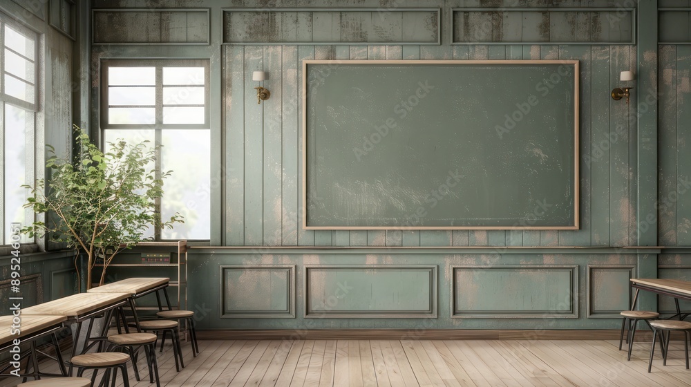Poster a classroom with a chalkboard and a tree in the corner. the room is empty and has a vintage feel to 