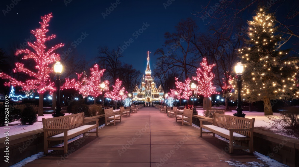 Aufkleber a walkway with benches and trees lit up in red lights. the walkway is decorated for christmas