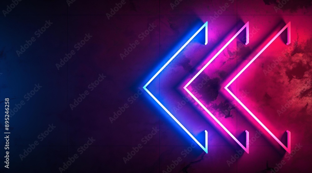 Poster a 3d rendering featuring three neon light arrows pointing to the left on a dark background with a gr