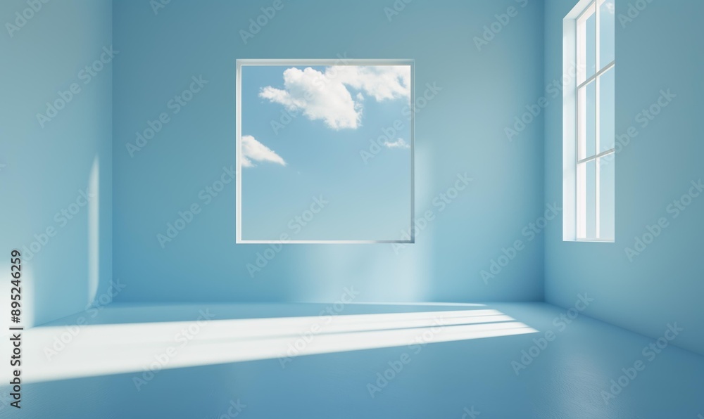Poster minimalist room bathed in soft blue tones, featuring a window displaying a calming view of a blue sk