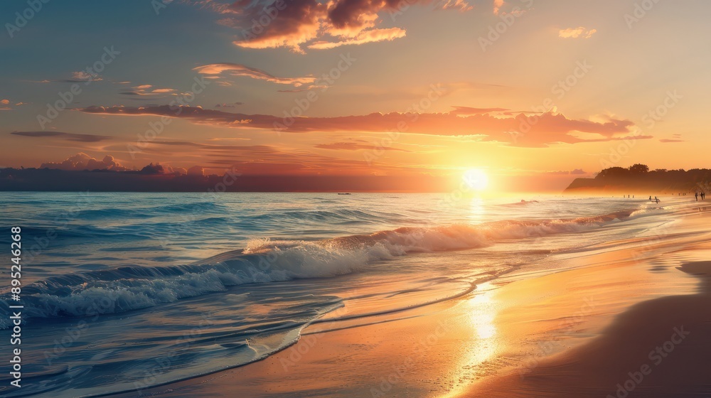 Leinwandbilder the sun is setting over the ocean, casting a warm glow on the water and sand. the sky is filled with