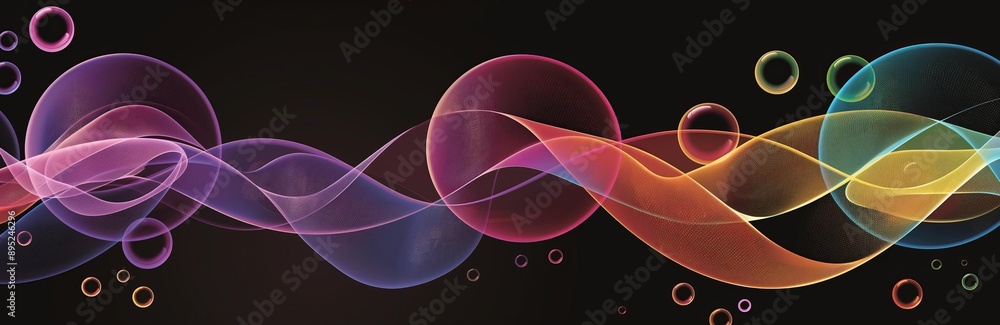 Poster three vibrant circular shapes with colorful abstract designs on a dark background.