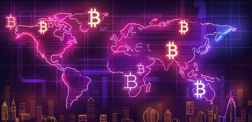 A digital world map with glowing Bitcoin symbols representing global cryptocurrency transactions, featuring bright neon colors and a modern, tech-inspired grid design.