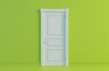 A simple, minimalistic 3D rendering of a white door set against a bright green wall. The design is clean and modern, emphasizing simplicity and contrast between colors.