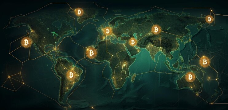 A digital world map displays glowing Bitcoin symbols at various locations, representing global cryptocurrency distribution. - Powered by Adobe