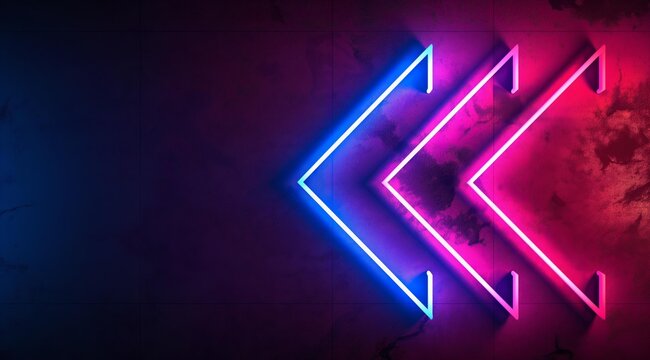 A 3D rendering featuring three neon light arrows pointing to the left on a dark background with a gradient of blue to purple colors.