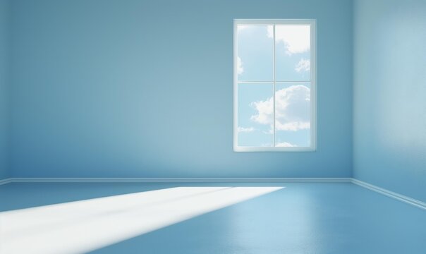 Fototapeta Minimalist room with blue walls, floor and ceiling, featuring a window with a view of a sunny sky and white clouds.
