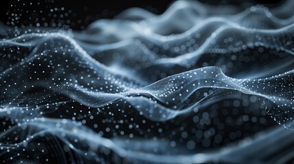 Flowing abstract waves of interconnected points on a dark background, ideal for depicting data flow and digital networks