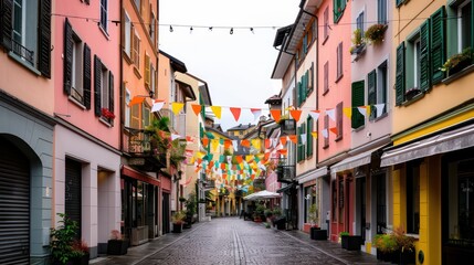 A colorful street with many shops and awnings. The street is lined with flags and banners, and there are potted plants and umbrellas on the sidewalk