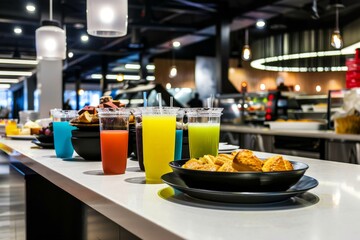 Vibrant hotel breakfast with modern service station, canon eos style, contest winning stock photo